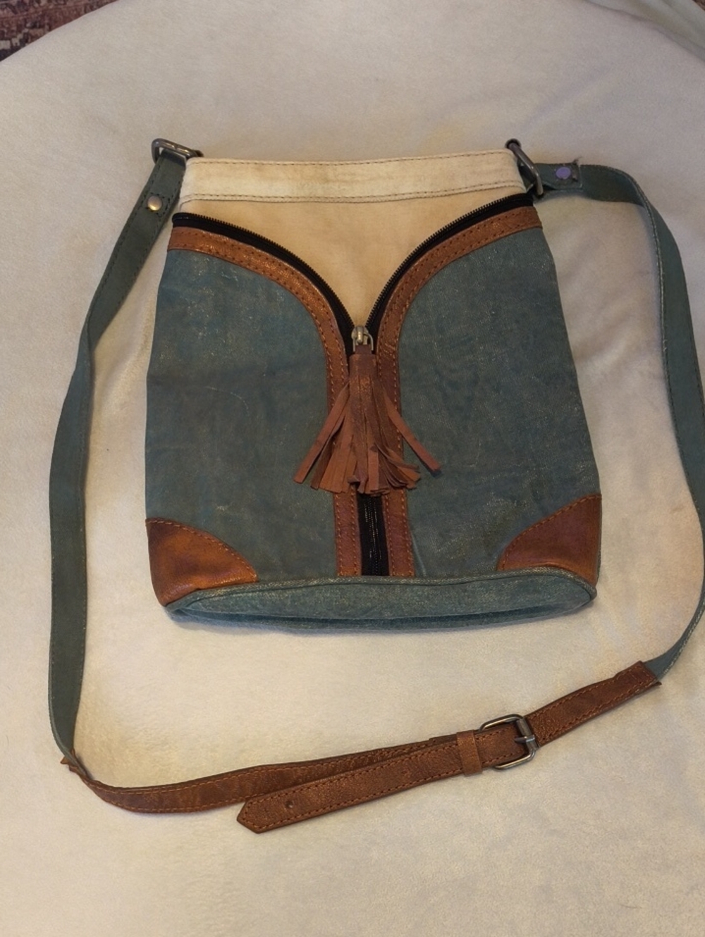 Mona B Teal and Brown Leather-Trim Crossbody Satchel